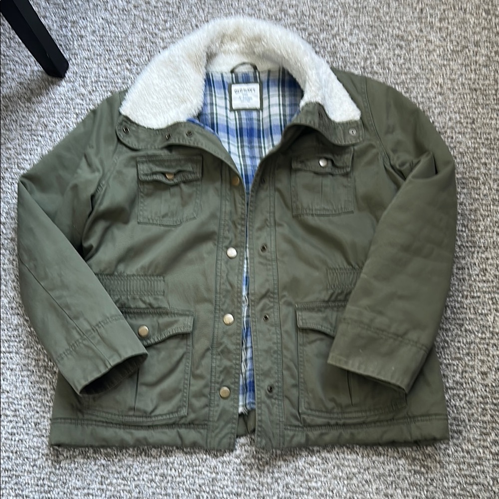 Green Jacket with Fleece collar.